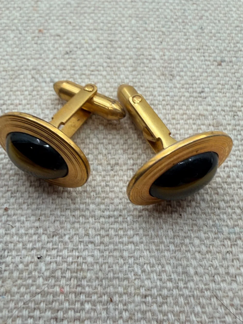 Gold-Tone Cufflinks with Black and Brown Oval Inset